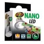Compact Zoo Med Nano LED light for reptile and amphibian enclosures, energy-efficient and bright.