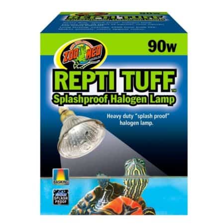 ReptiTuff splashproof halogen lamp for reptile enclosures, 90W, waterproof and durable.