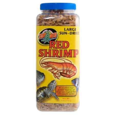 Sundried red shrimp in a container, ideal for reptiles and aquatic animals.