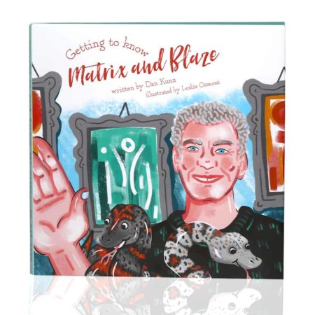 Illustration of Dan Kunz with snakes and artwork in the background.