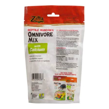 Reptile food package featuring Zilla Omnivore Mix with Calcium for reptiles.