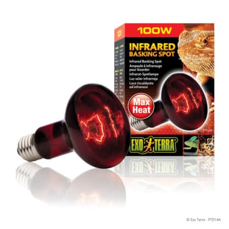 Infrared basking lamp for reptiles, 100W, provides heat and light for reptiles' habitat.