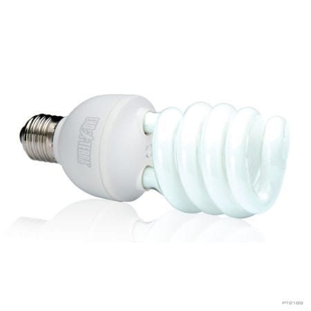 Energy-efficient spiral CFL light bulb for reptile habitats.