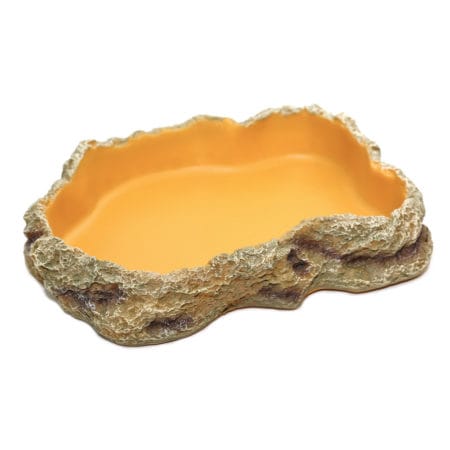 Reptile water dish with natural rock appearance for terrariums.