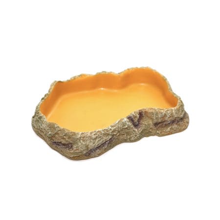Reptile water dish made of natural rock with a smooth interior, perfect for lizards, snakes, and oth.