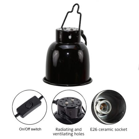 Black reptile heat lamp with E26 socket, on/off switch, and venting holes for reptiles.