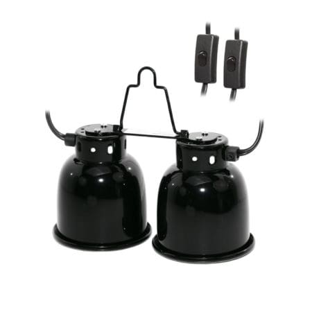 Reptile heating lamps with power cords and switches for terrarium temperature control.