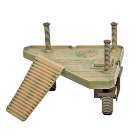 Reptile hideout with ramp and climbing posts, perfect for snakes and lizards. Durable wooden design.