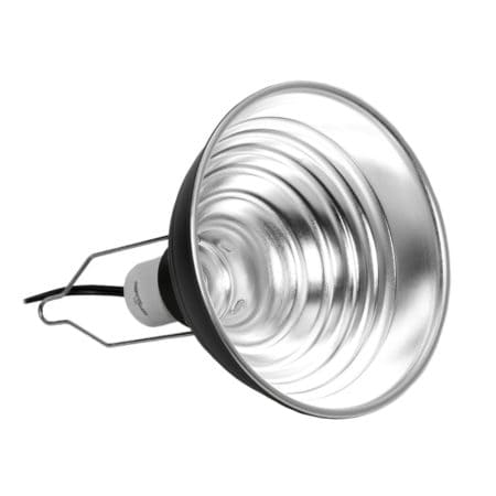 Reptile heat lamp with reflective dome for terrarium heating.