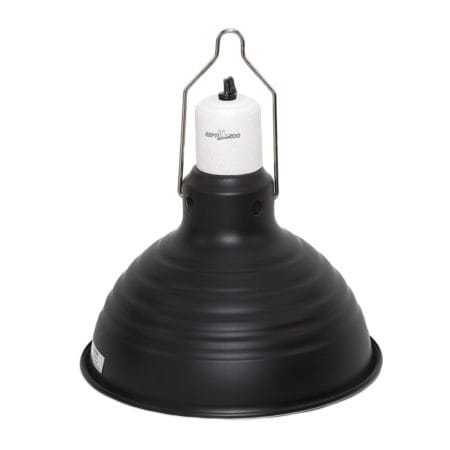 Reptile heat lamp for terrariums, black ceramic heat emitter with hanging hook.