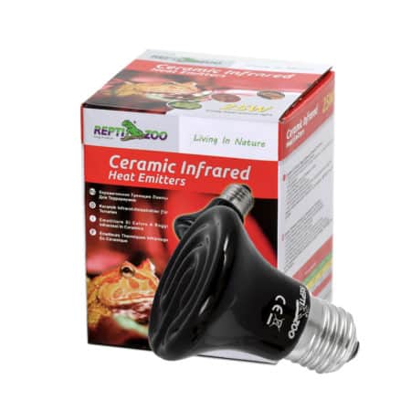 Ceramic infrared heat emitter bulb for reptiles, amphibians, and terrarium heating.