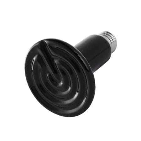 Black reptile heat lamp bulb for terrariums and reptile enclosures.