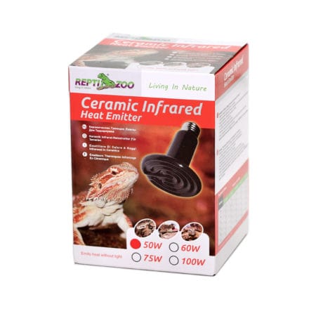Ceramic infrared heat emitter for reptiles, amphibians, and terrariums, 50W to 100W.