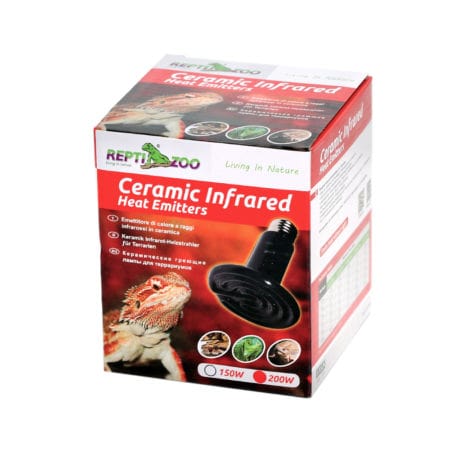 Ceramic infrared heat emitter for reptiles, amphibians, and terrariums, 150W and 200W options.