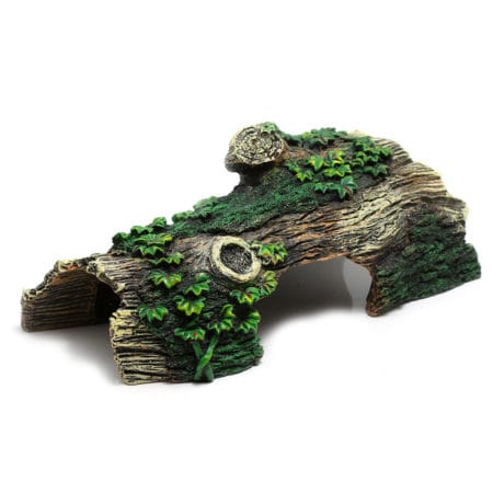 Wooden reptile hide with greenery for terrarium decor, natural habitat accessory.