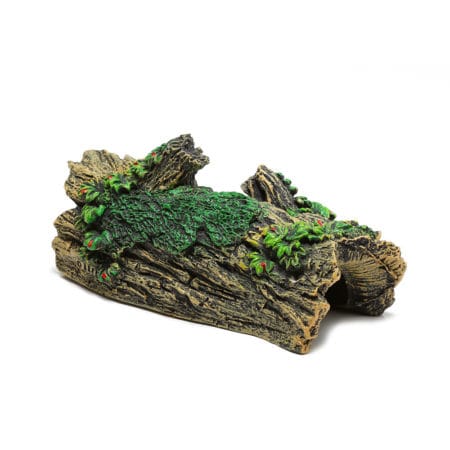 Reptile hide resembling a log with green foliage for terrariums and reptile habitats.