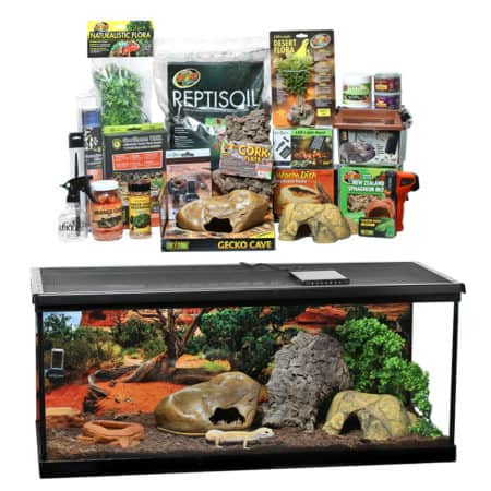 Reptile habitat with various supplies and accessories for reptiles and amphibians.