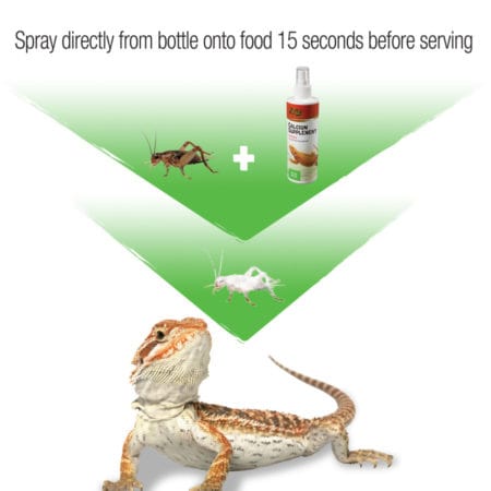 Reptile food spray with calcium supplement for reptiles and lizards.