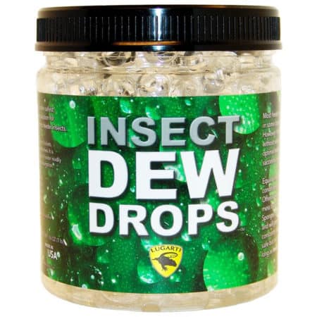 Insect Dew Drops jar for reptile hydration and health, featuring green label and black lid.