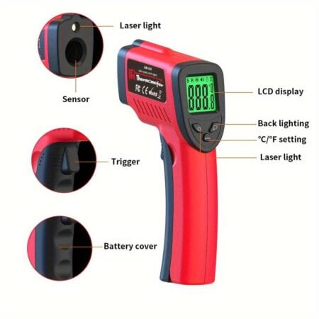 Infrared temperature gun with LCD display and laser pointer for reptile habitat monitoring.