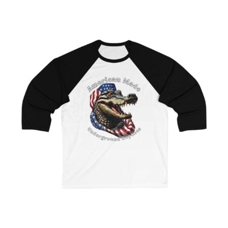 American Made baseball T-shirt with alligator graphic and patriotic design.