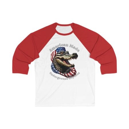American Made 3/4 Sleeve Baseball T-Shirt with Alligator and USA Flag Design.