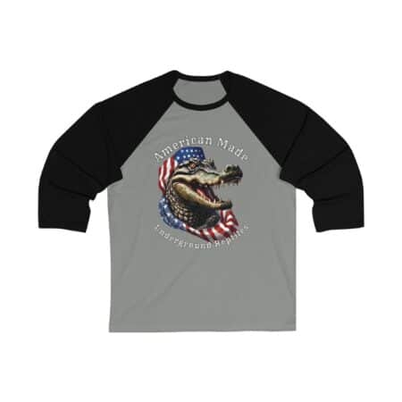American Made baseball T-shirt featuring an alligator with an American flag background.