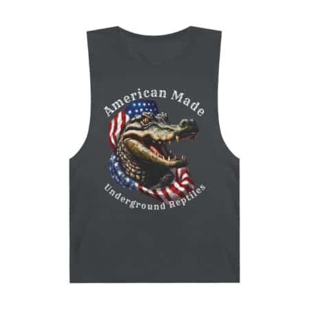 American Made reptile tank top with American flag design and alligator graphic.