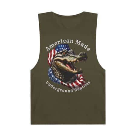 American Made alligator graphic on olive green tank top with patriotic flag design.