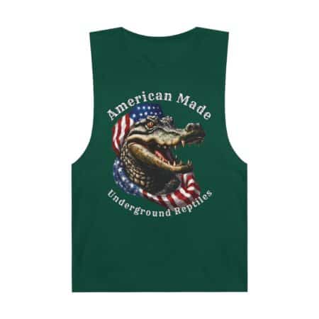 Green muscle tank top with American flag and alligator graphic for reptile enthusiasts.