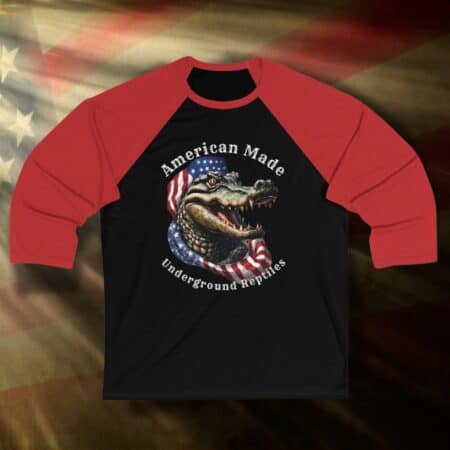 American Made baseball T-shirt with alligator graphic and patriotic design.