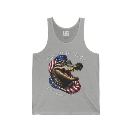 American Made crocodile graphic tank top with patriotic flag design.
