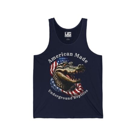 American Made Jersey Tank Top featuring alligator with American flag design.