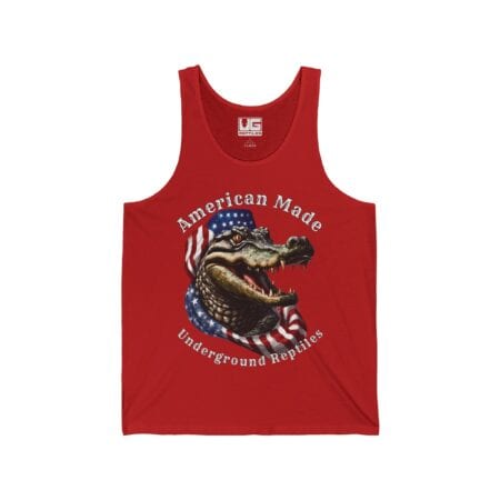 American Made Jersey Tank Top with Alligator and American Flag Design.