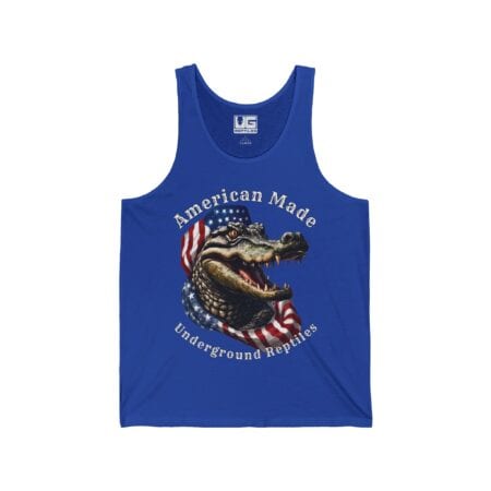 American Made crocodile graphic tank top with patriotic design.