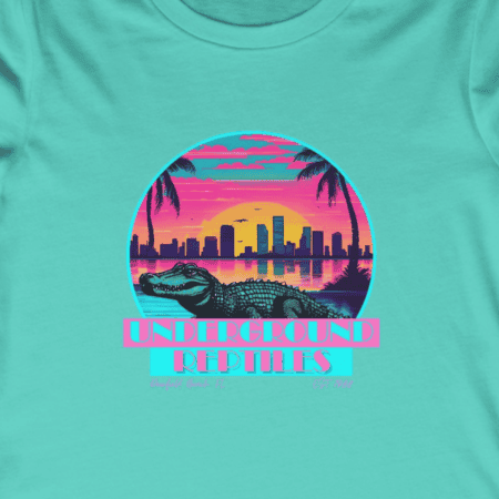 Vibrant 80s-inspired design featuring a sunset, city skyline, and crocodile for retro fashion lovers.