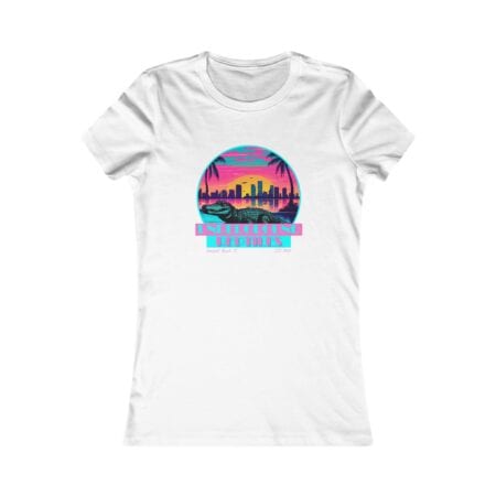 Vibrant 80s Miami Vice inspired women's t-shirt with sunset skyline design.