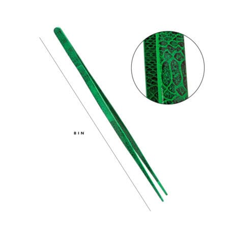 Reptile feeding tongs with green snake skin pattern, 8 inches long.