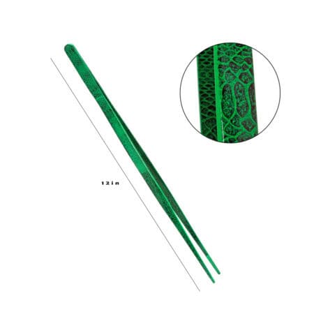 Green reptile scale-patterned tweezers for reptile handling, 12-inch length.