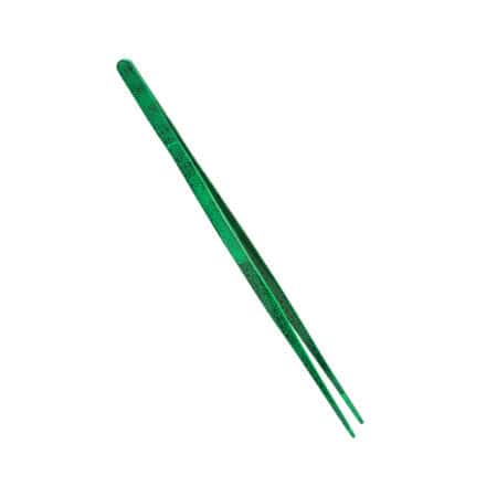 Green plastic tweezers for reptile feeding and handling.