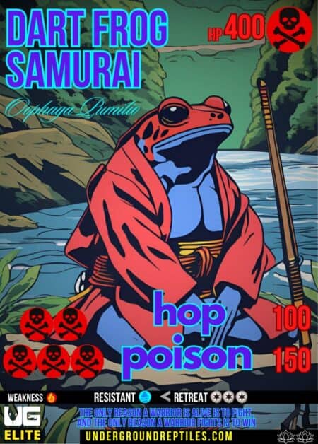 Dart frog samurai illustration with hop and poison labels, HP 400, 100, 150, in a river setting.