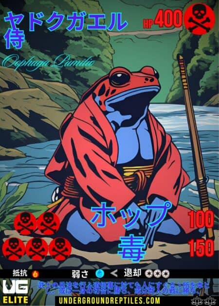Frog Samurai with traditional armor in a river setting, part of the August 2024 U.G. MON Card series.