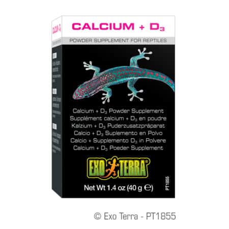 Reptile calcium and D3 supplement in black packaging with gecko image.