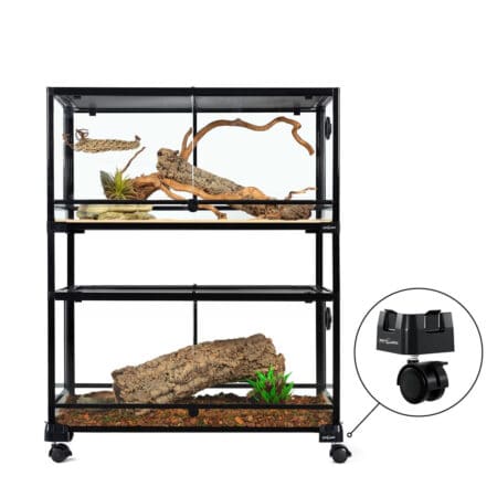 Reptile terrarium with heating and lighting setup for snakes and lizards.