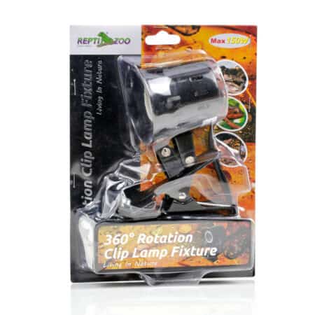 Reptile clip lamp fixture with 360° rotation for terrarium lighting.