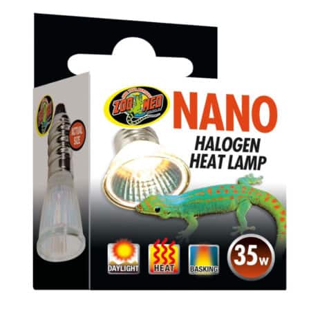 Nano halogen heat lamp for reptiles, ideal for terrariums and vivariums.