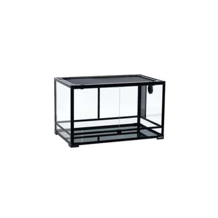 Glass reptile terrarium with secure ventilation for snakes and lizards.