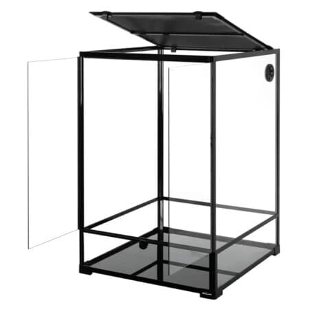 Reptile enclosure with glass top, ventilation, and sturdy black frame for safe reptile housing.