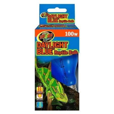 Blue reptile heat bulb for terrariums, 100W, ideal for reptiles.