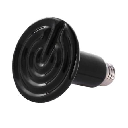 Black heat lamp bulb for reptile terrariums and enclosures.